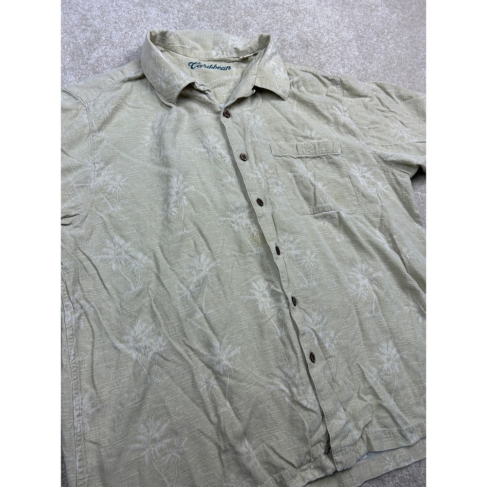 Caribbean Mens XL Silk Blend Palm Tree Jacquard Short Sleeve Button Up Shirt Tan